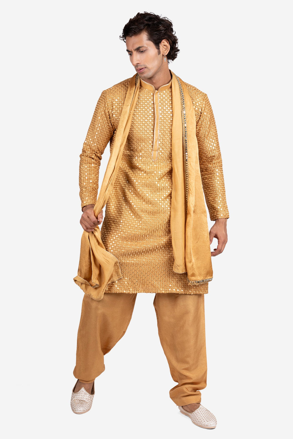 Golden Faux Silk Mirror-Embroidered Kurta Set