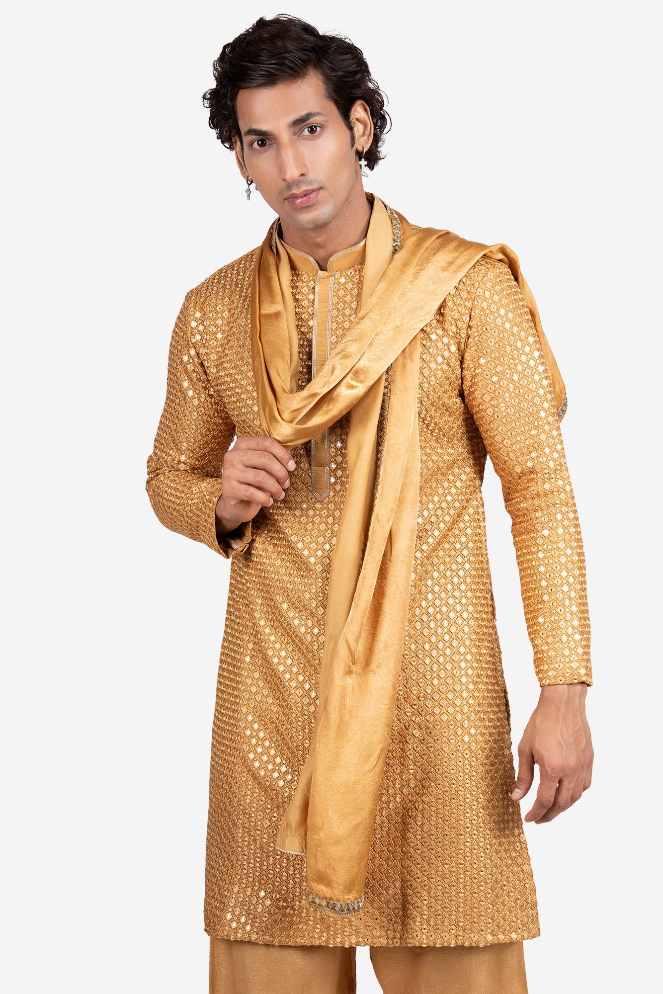 Golden Faux Silk Mirror-Embroidered Kurta Set