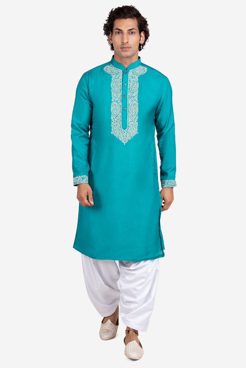 Blue Faux Tussar Silk Paisley Thread-Embroidered Kurta Set