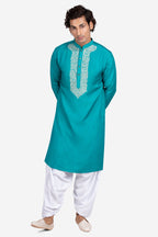 Blue Faux Tussar Silk Paisley Thread-Embroidered Kurta Set