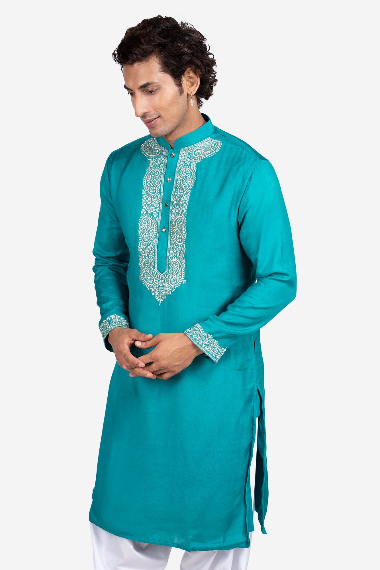 Blue Faux Tussar Silk Paisley Thread-Embroidered Kurta Set