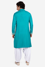 Blue Faux Tussar Silk Paisley Thread-Embroidered Kurta Set