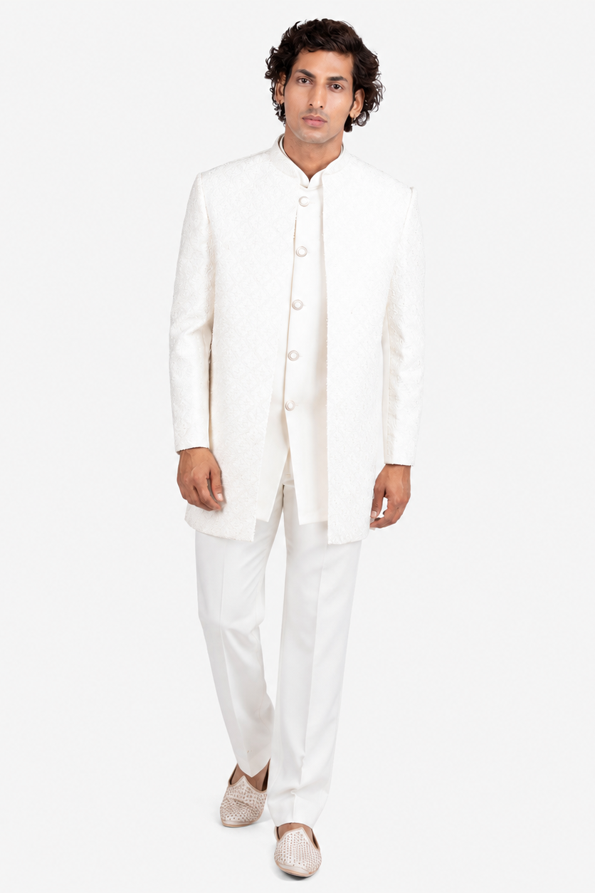 White Japanese Motif Polyester Viscose Indo-Western Set