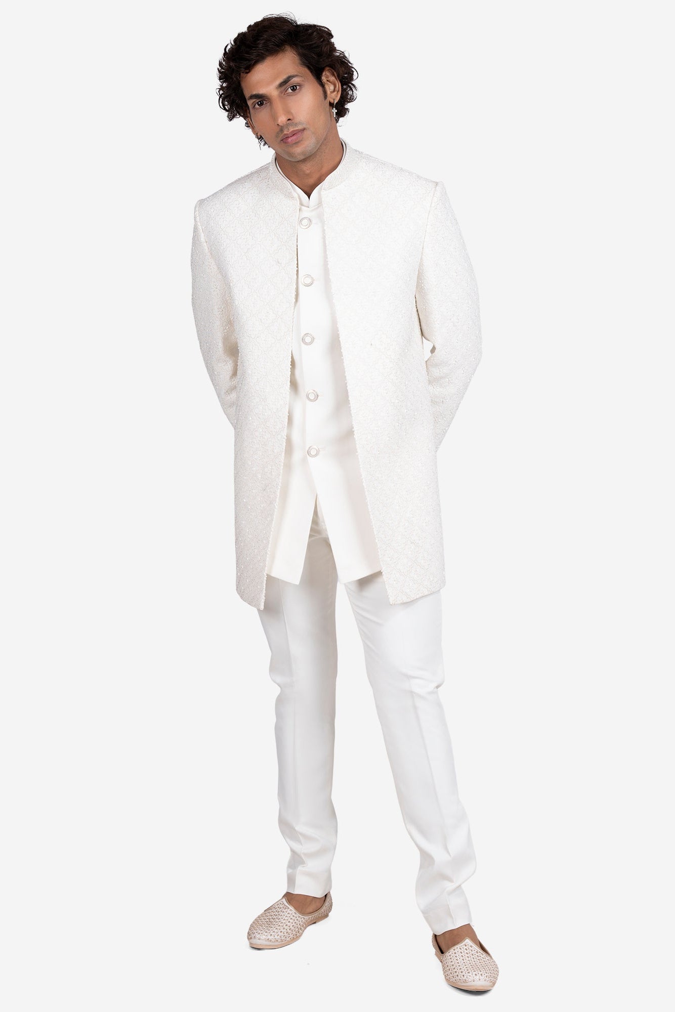 White Japanese Motif Polyester Viscose Indo-Western Set