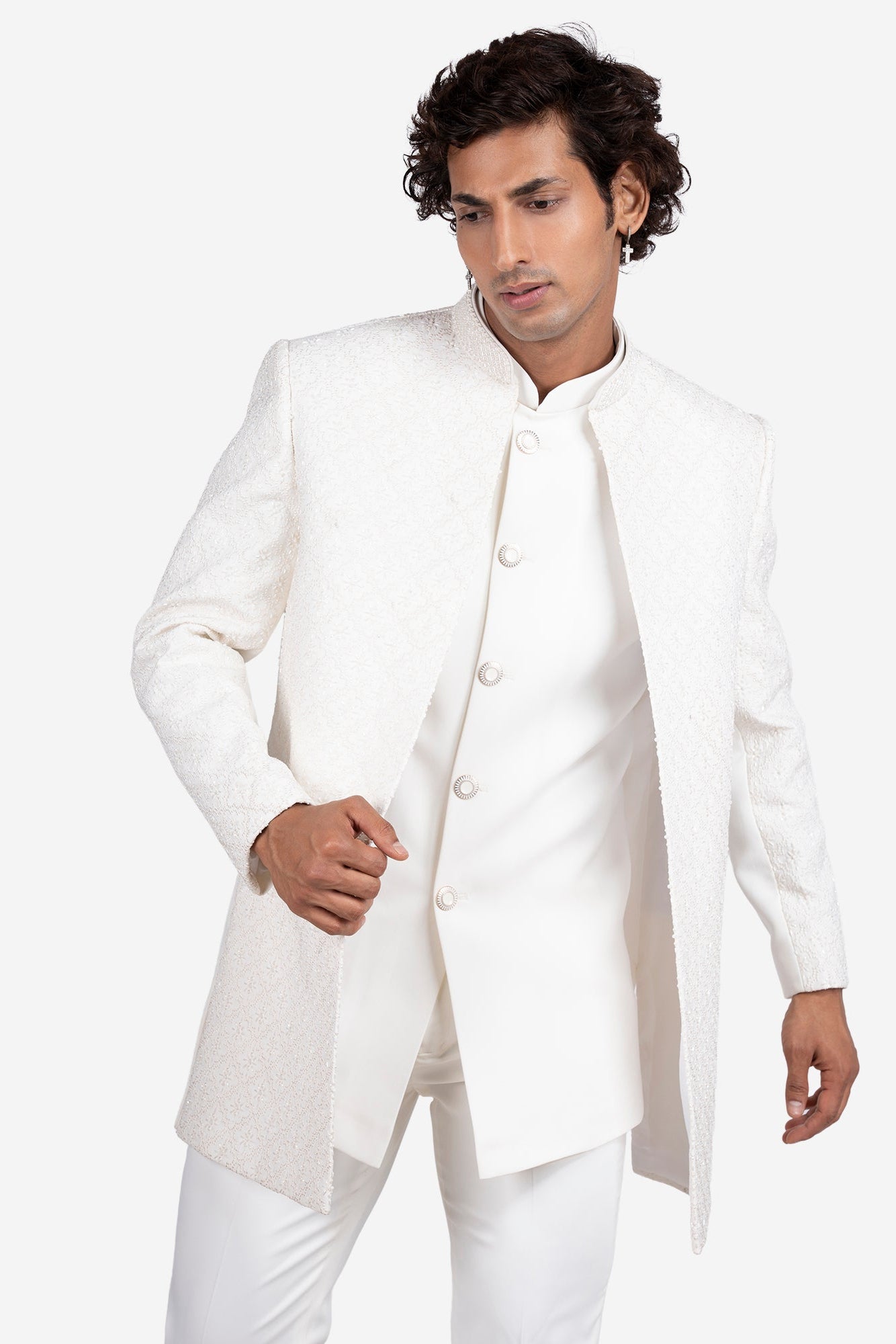 White Japanese Motif Polyester Viscose Indo-Western Set