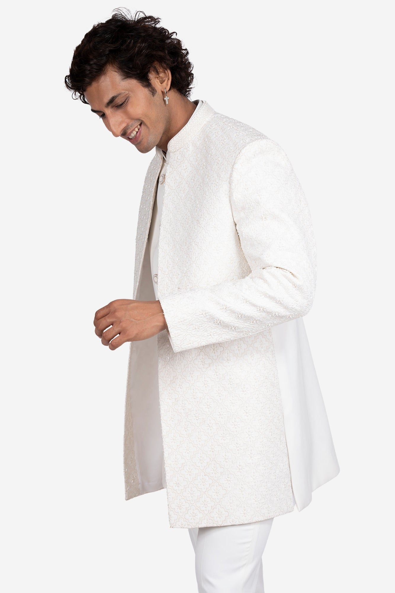 White Japanese Motif Polyester Viscose Indo-Western Set