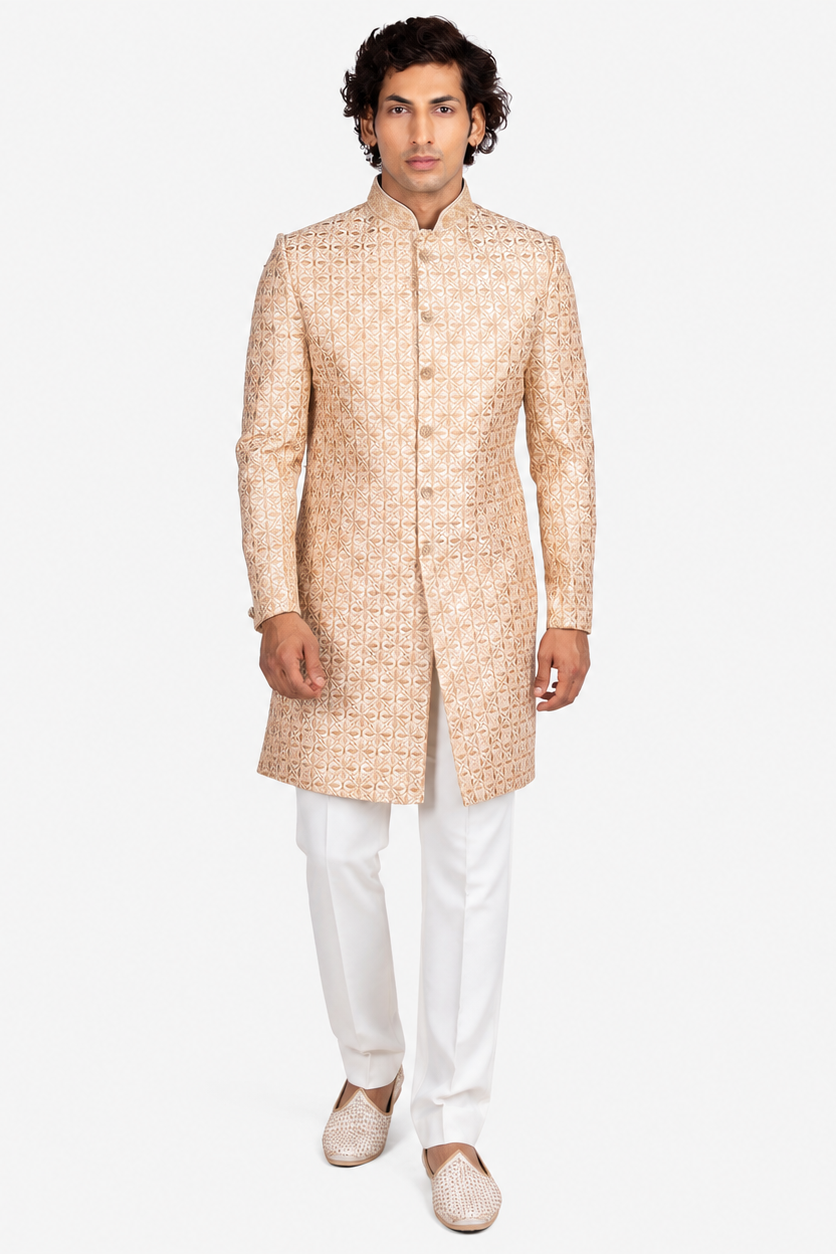 Beige Faux Silk Floral Embroidered Sherwani Set