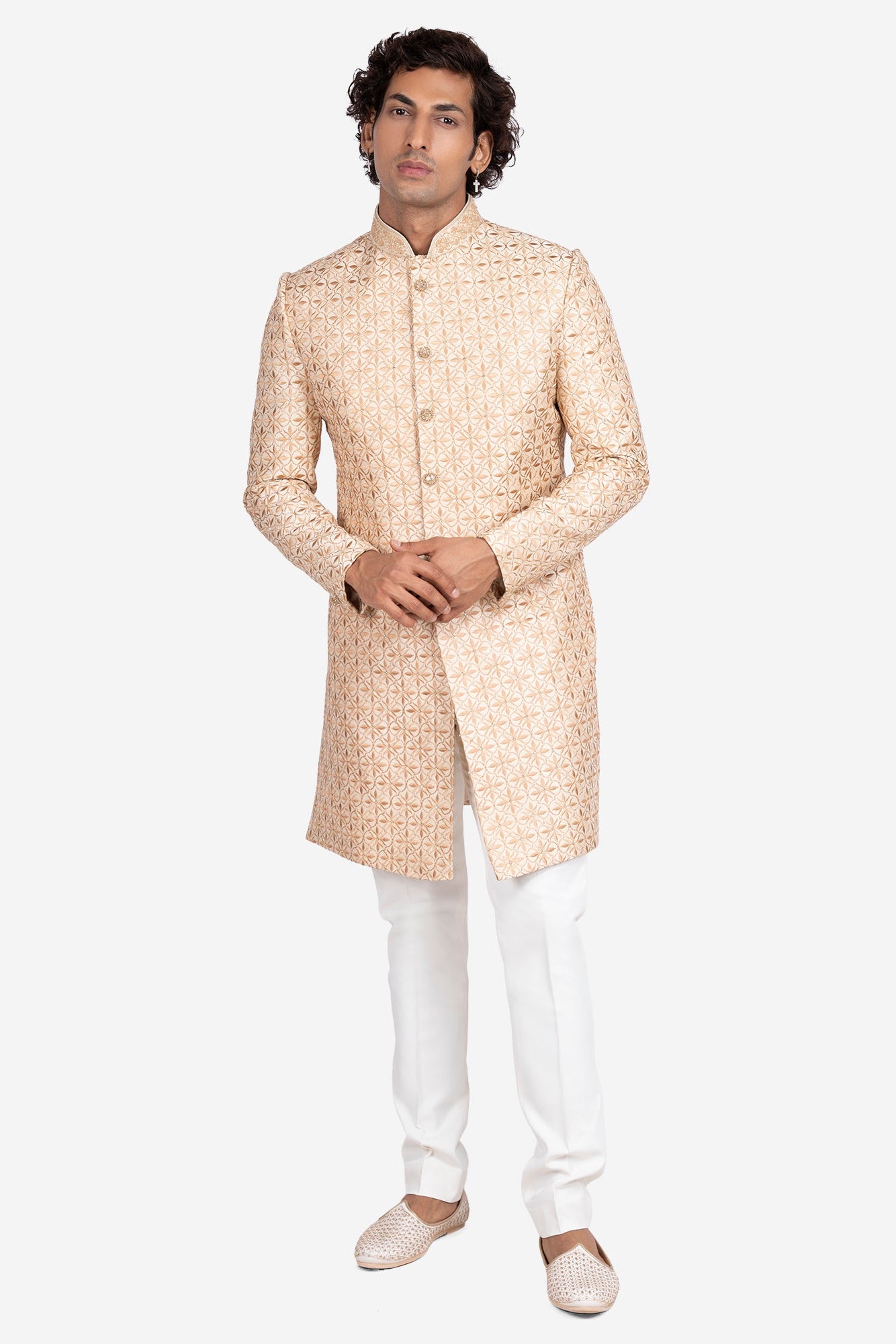 Beige Faux Silk Floral Embroidered Sherwani Set