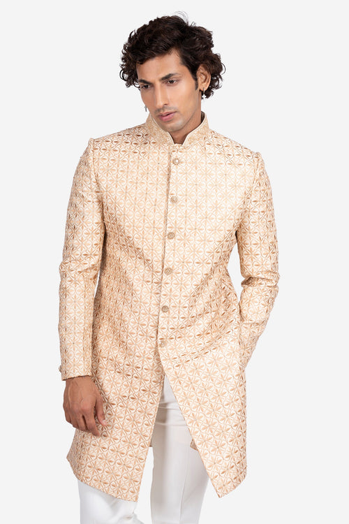 Beige Faux Silk Floral Embroidered Sherwani Set