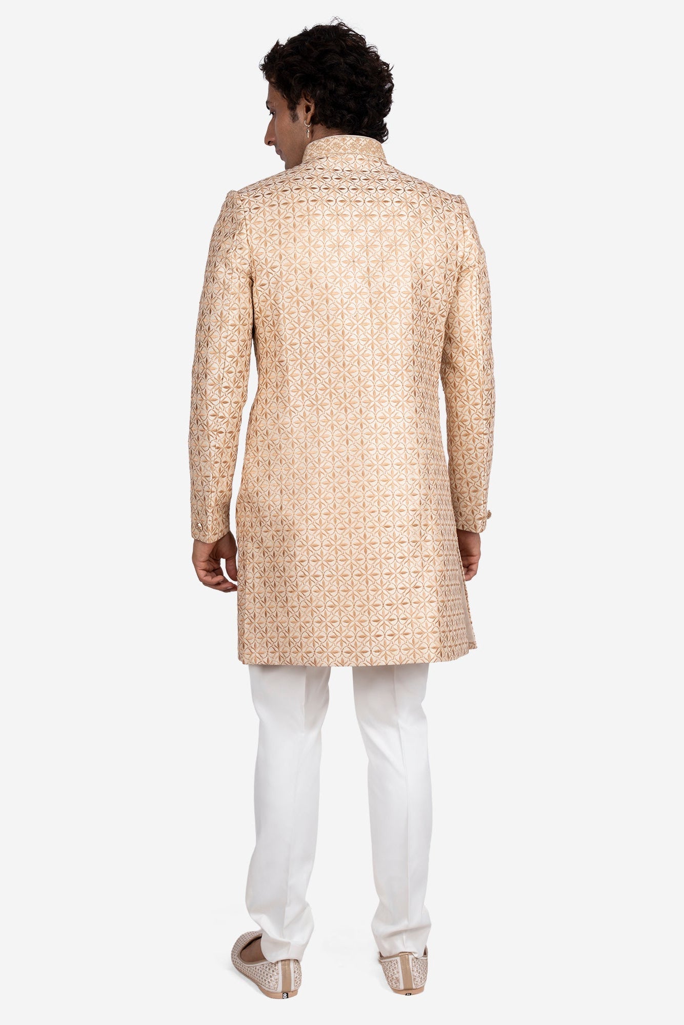 Beige Faux Silk Floral Embroidered Sherwani Set