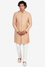 Beige Faux Silk Patterned Embroidered Sherwani Set