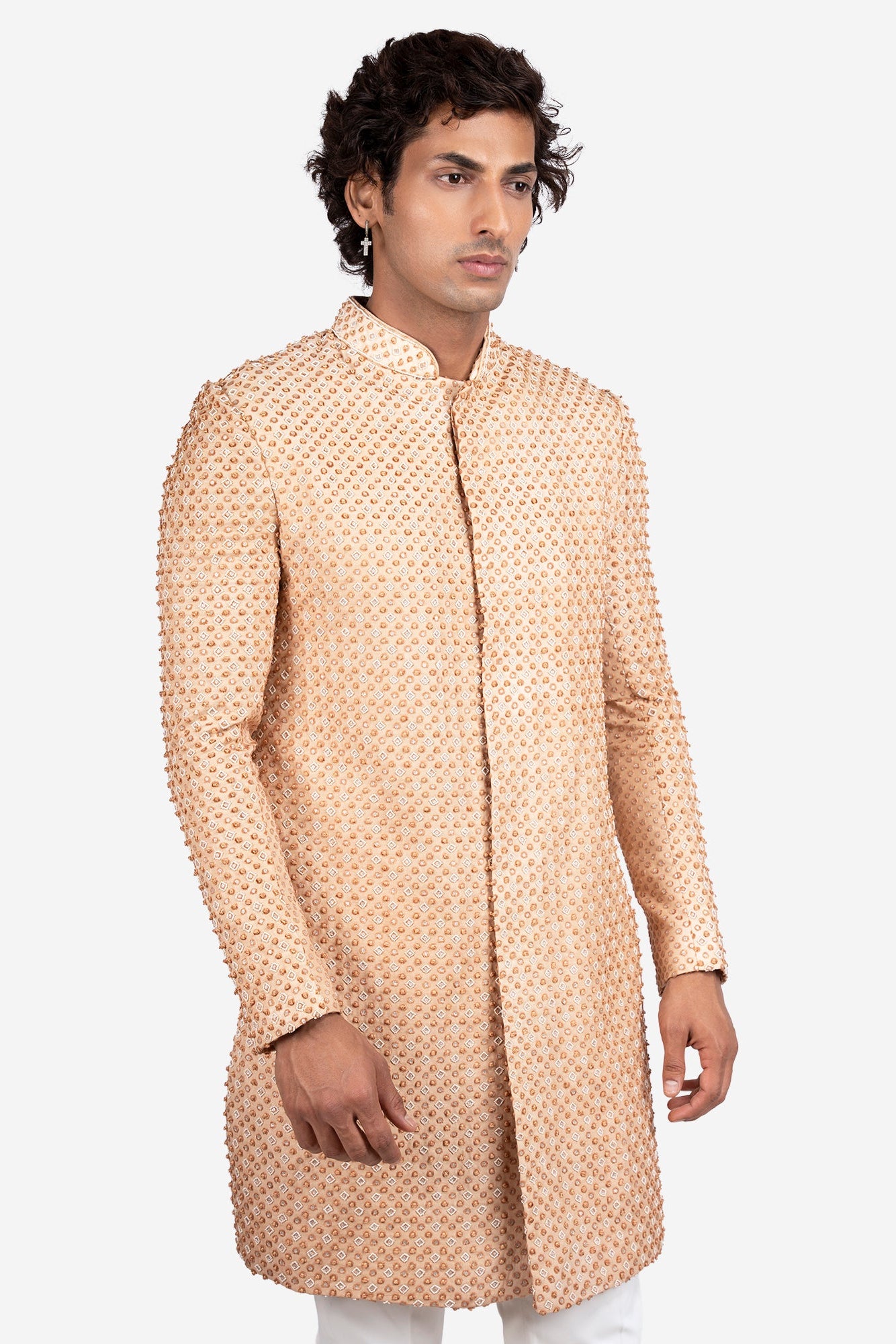 Beige Faux Silk Patterned Embroidered Sherwani Set