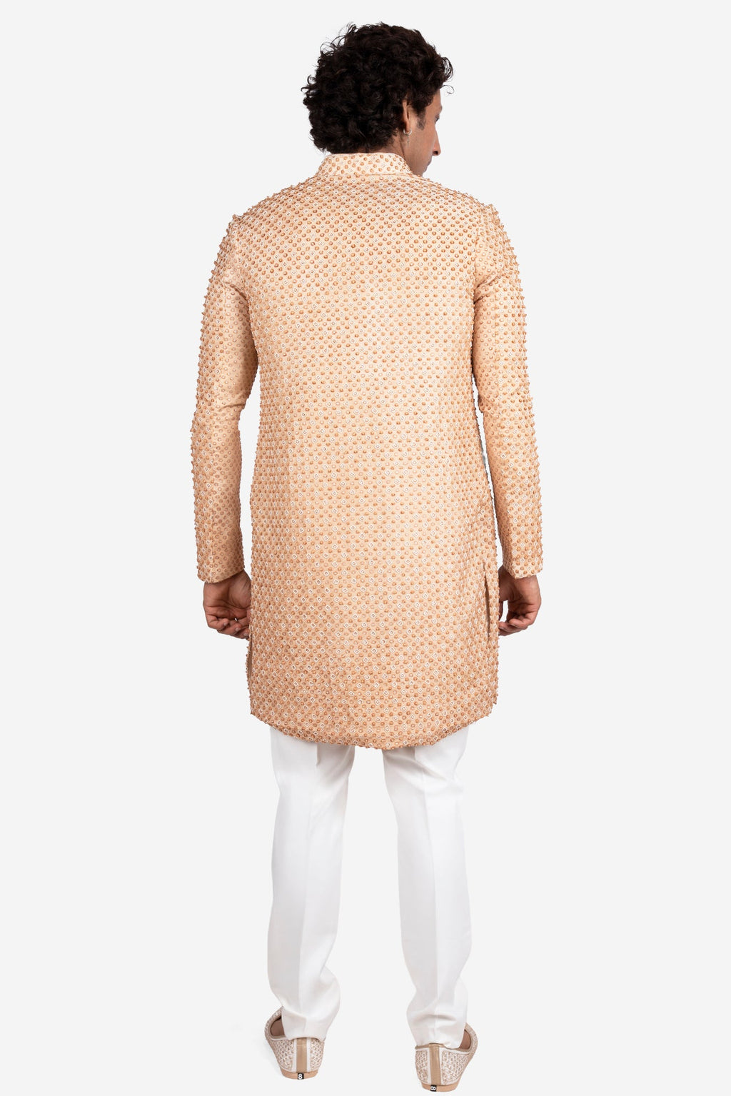 Beige Faux Silk Patterned Embroidered Sherwani Set