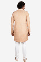 Beige Faux Silk Patterned Embroidered Sherwani Set
