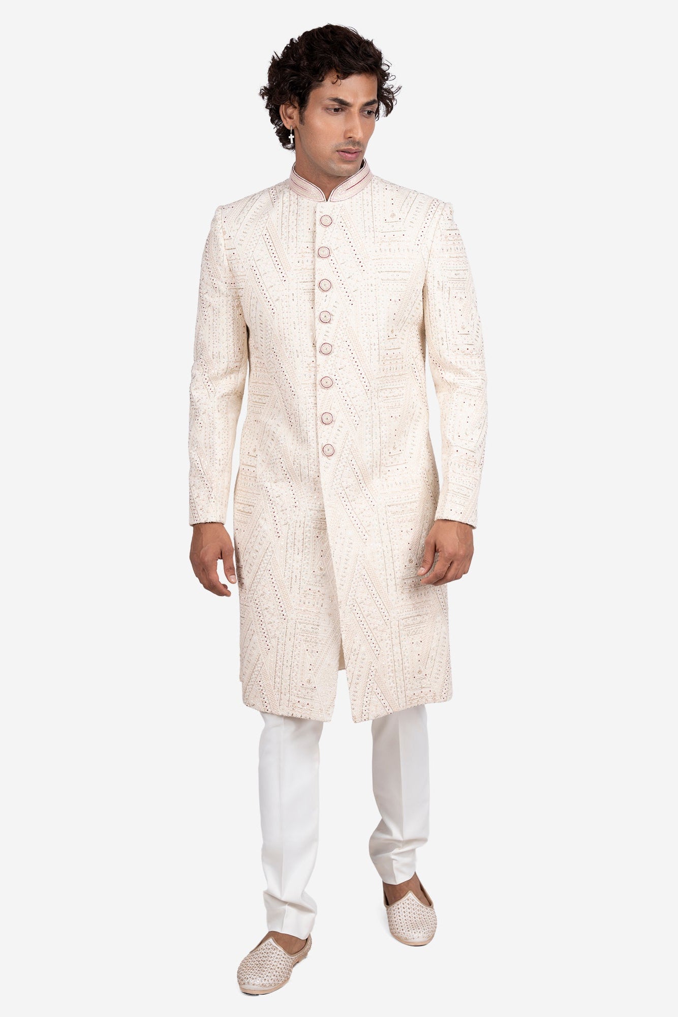 Ivory Faux Silk Floral Embroidered Sherwani Set