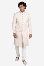 Ivory Faux Silk Floral Embroidered Sherwani Set