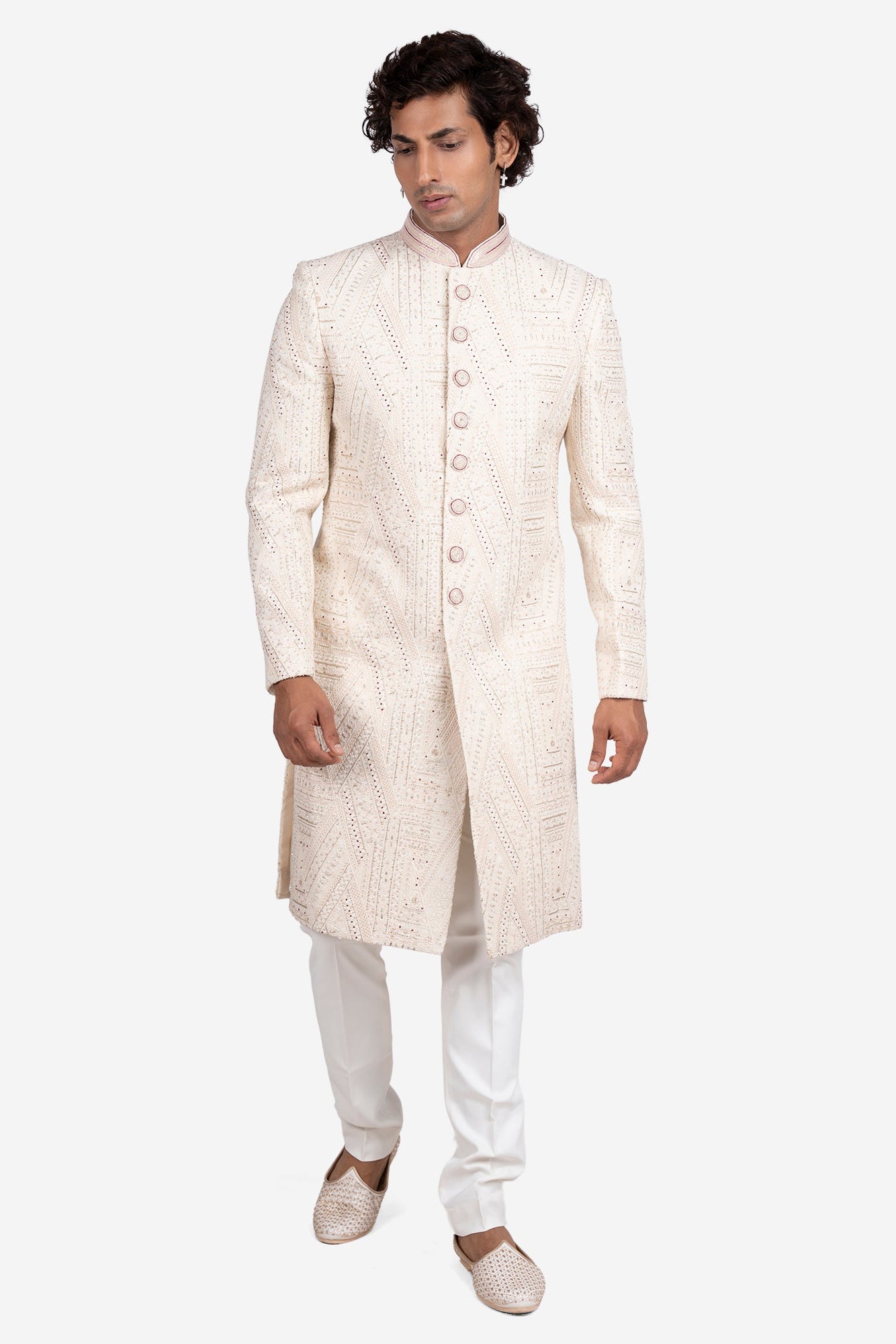 Ivory Faux Silk Floral Embroidered Sherwani Set