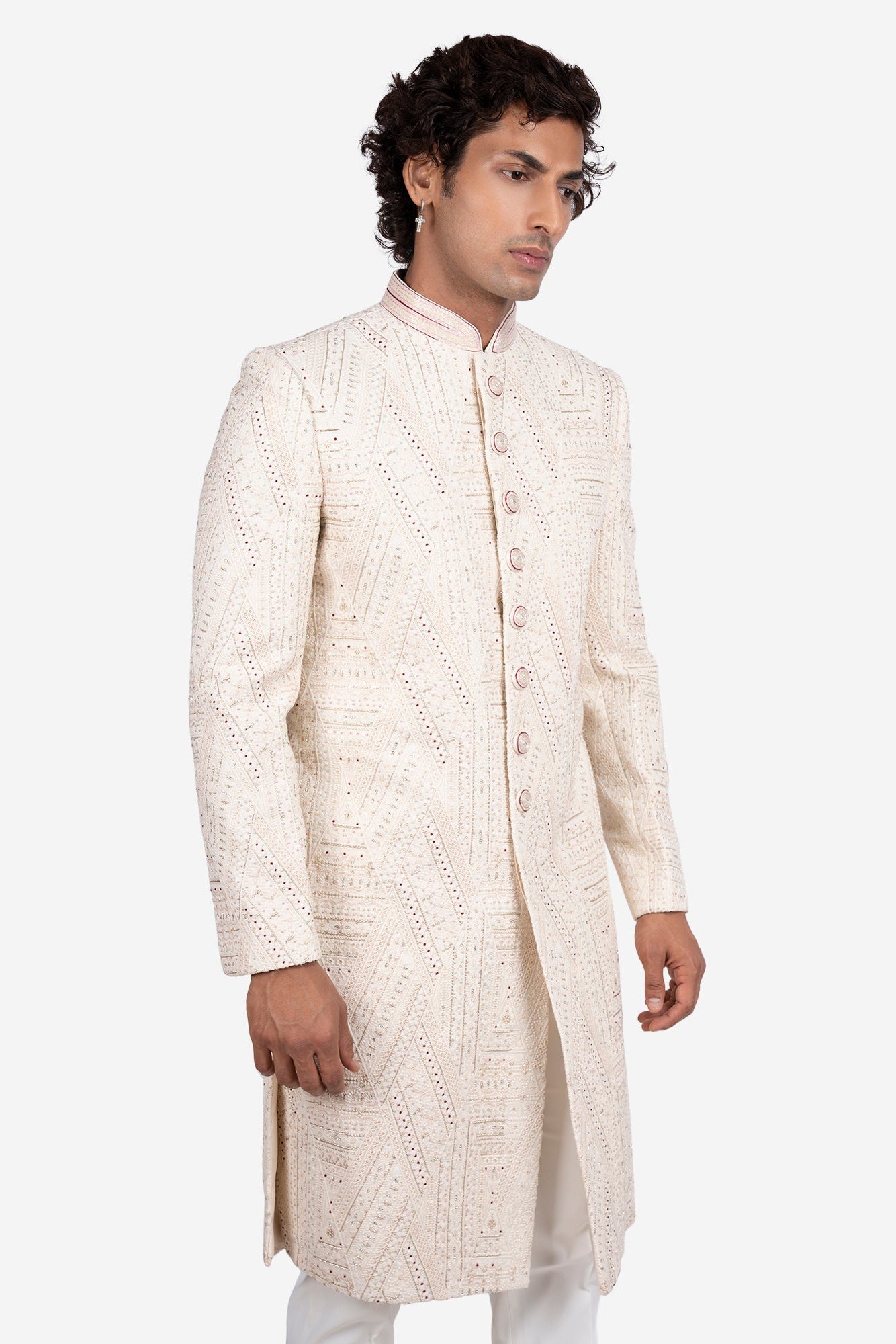 Ivory Faux Silk Floral Embroidered Sherwani Set