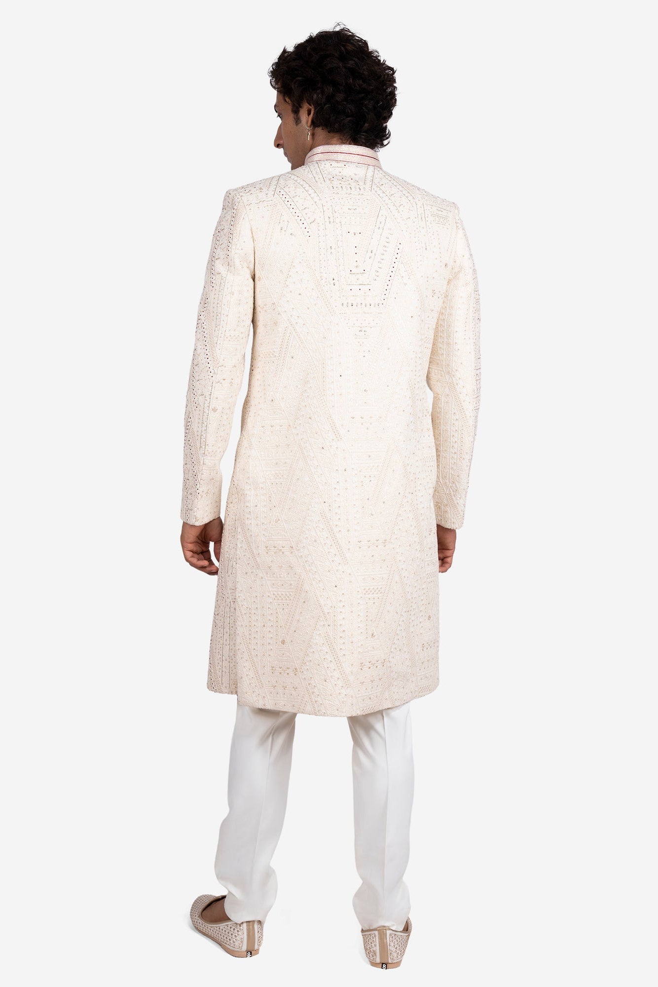 Ivory Faux Silk Floral Embroidered Sherwani Set