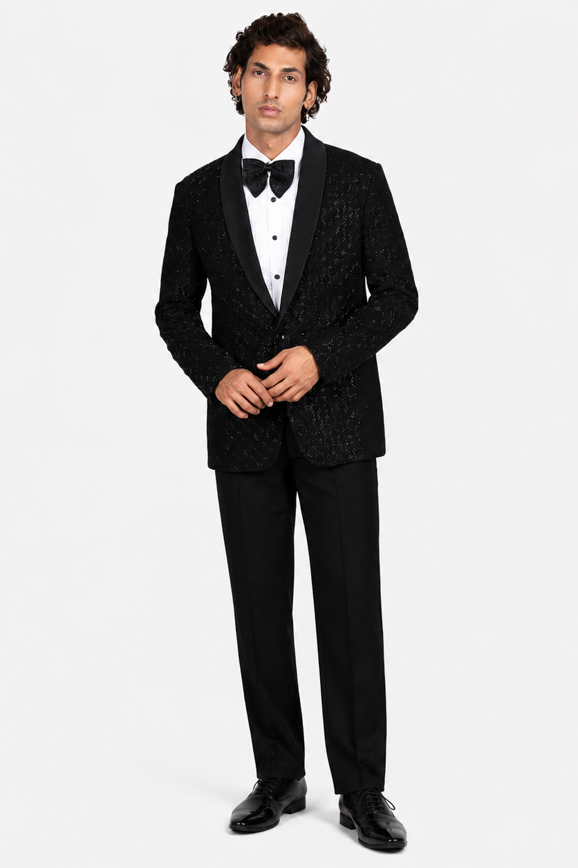 Black Geometric Jaal Hand-Embroidered Tuxedo Set