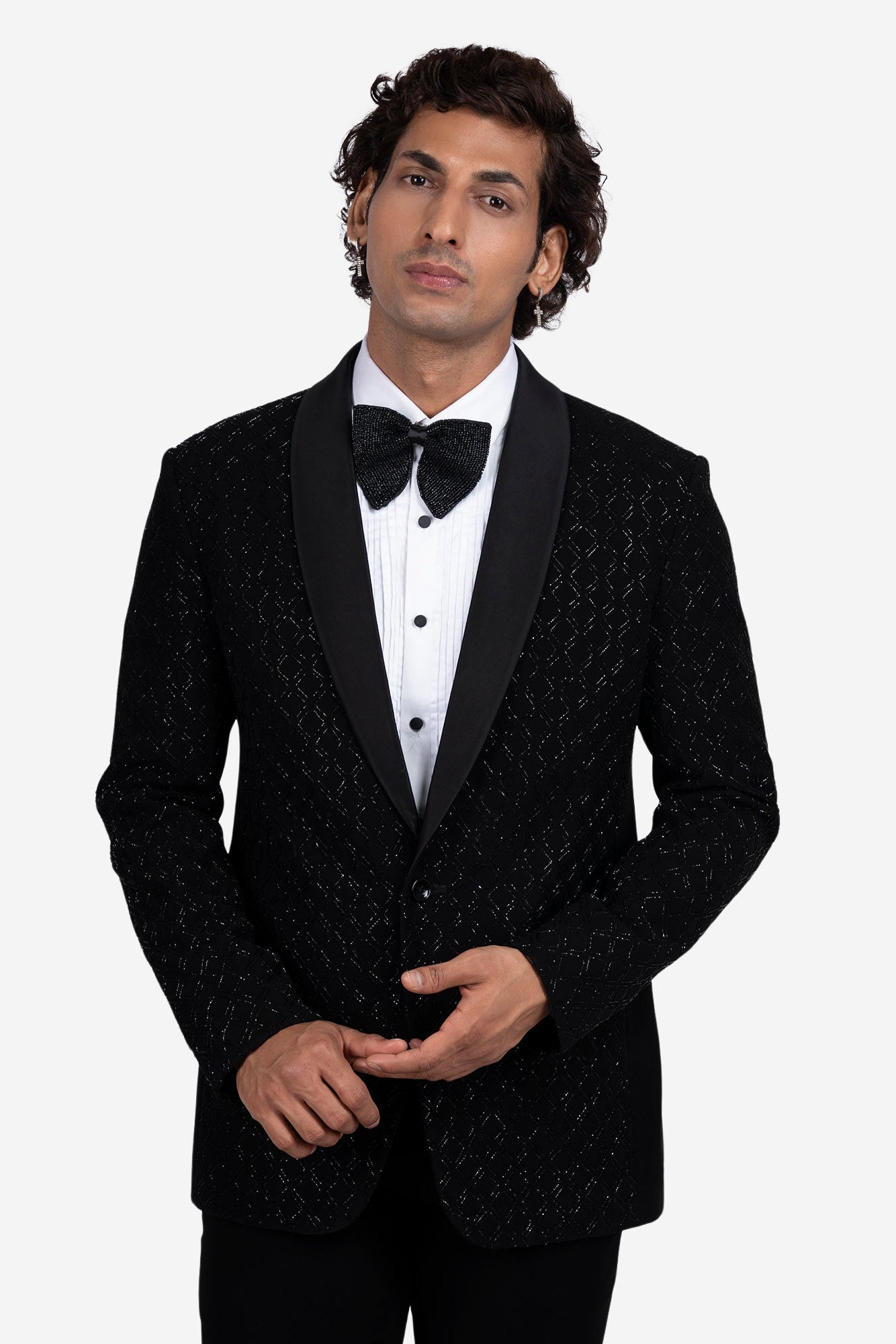 Black Geometric Jaal Hand-Embroidered Tuxedo Set
