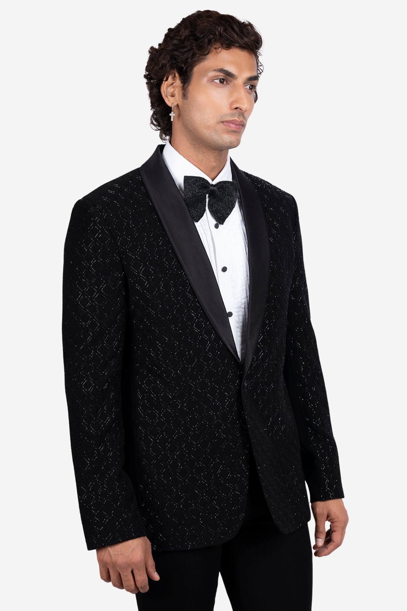 Black Geometric Jaal Hand-Embroidered Tuxedo Set