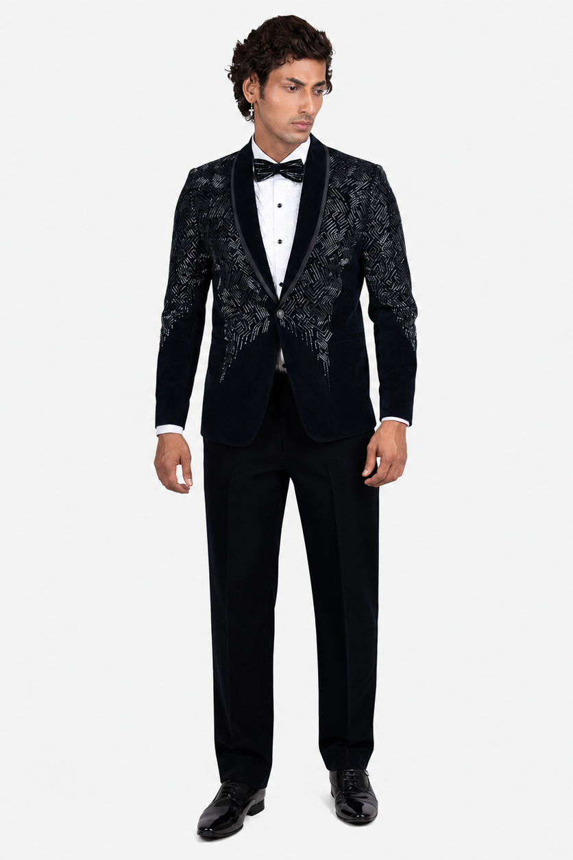 Blue Velvet Cutdana Embroidered Tuxedo Set