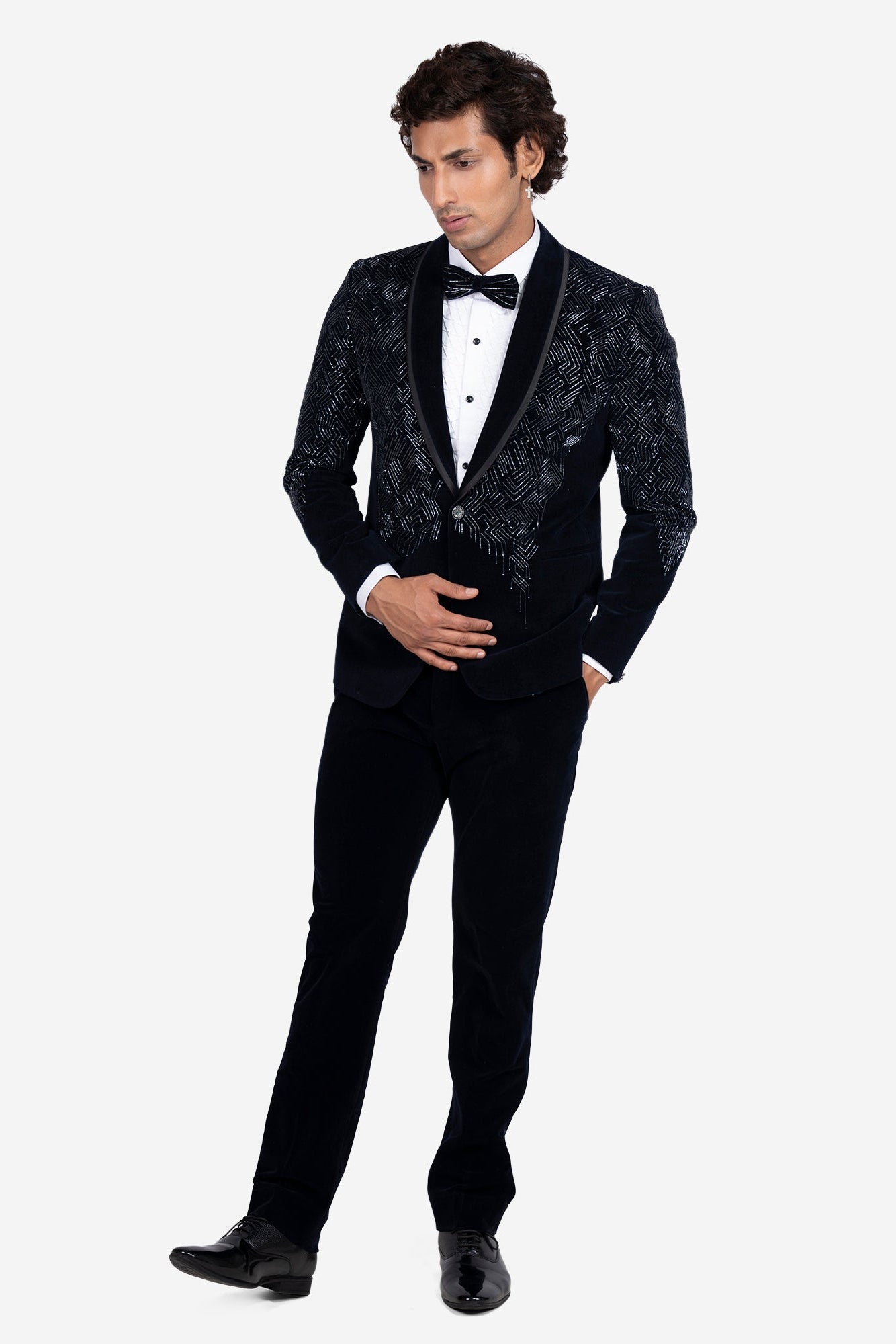 Blue Velvet Cutdana Embroidered Tuxedo Set