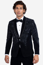 Blue Velvet Cutdana Embroidered Tuxedo Set