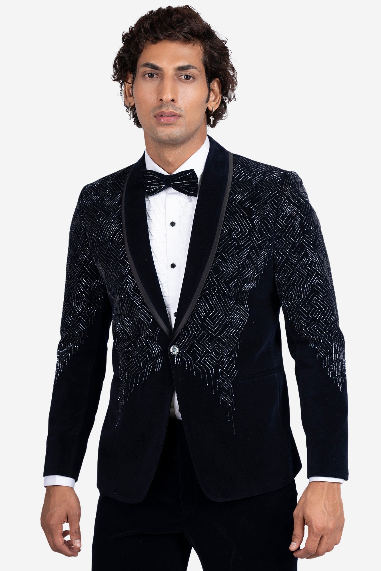 Blue Velvet Cutdana Embroidered Tuxedo Set