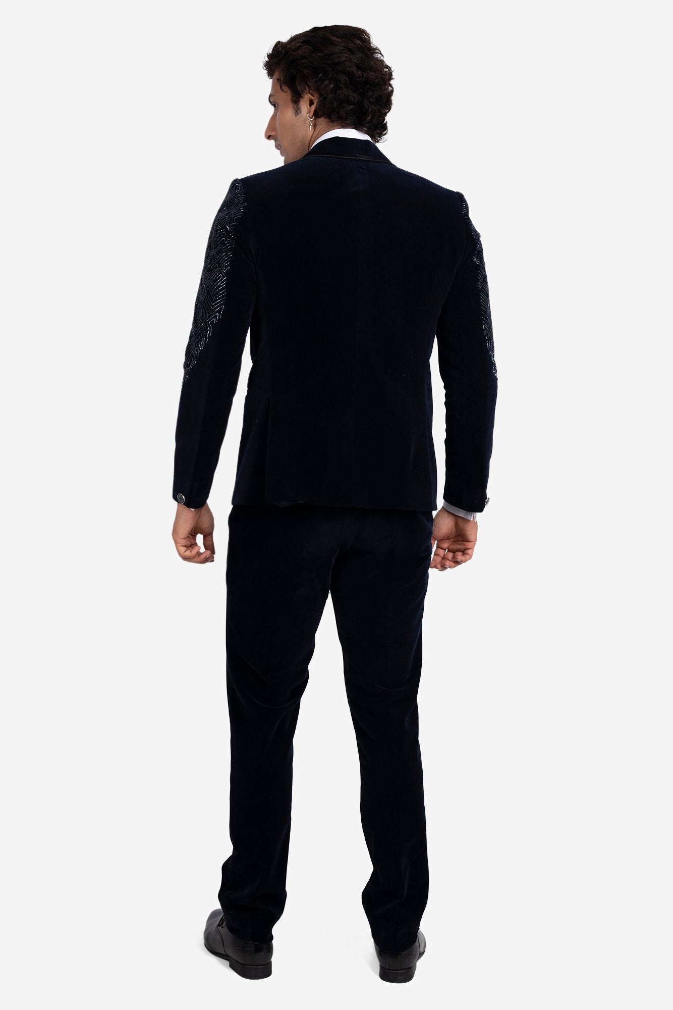 Blue Velvet Cutdana Embroidered Tuxedo Set