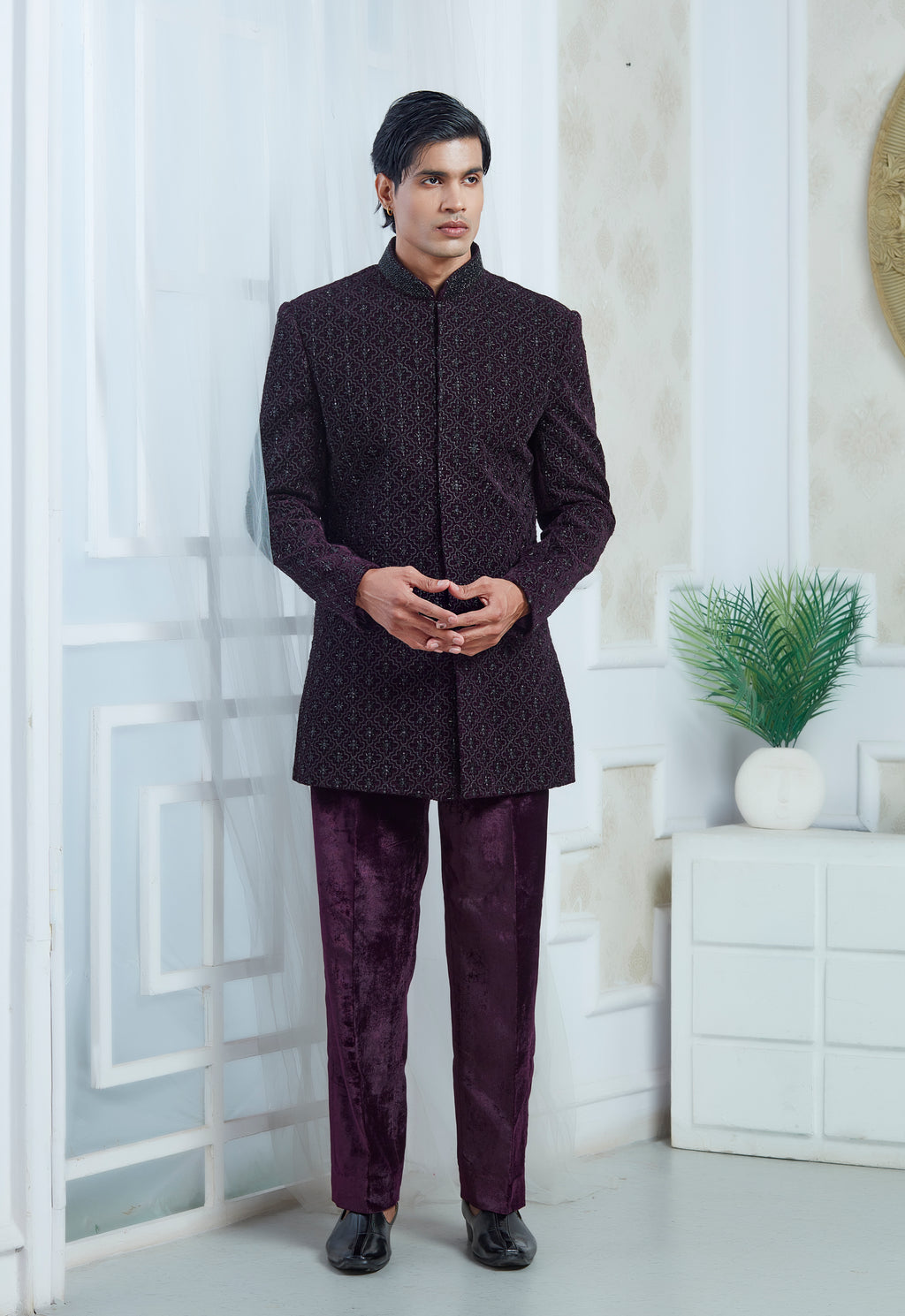 Purple Velvet Embroidered Indowestern Set