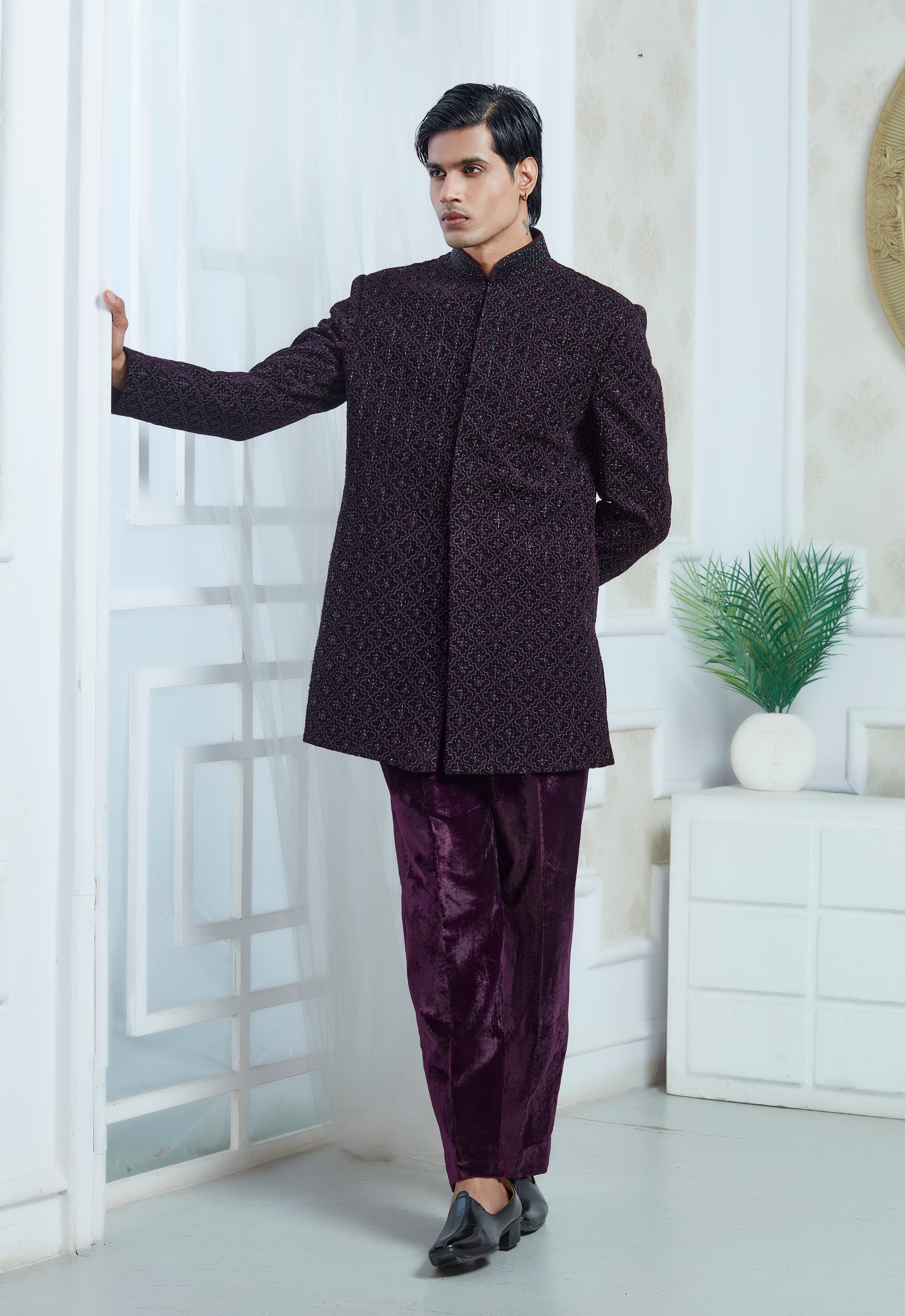 Purple Velvet Embroidered Indowestern Set
