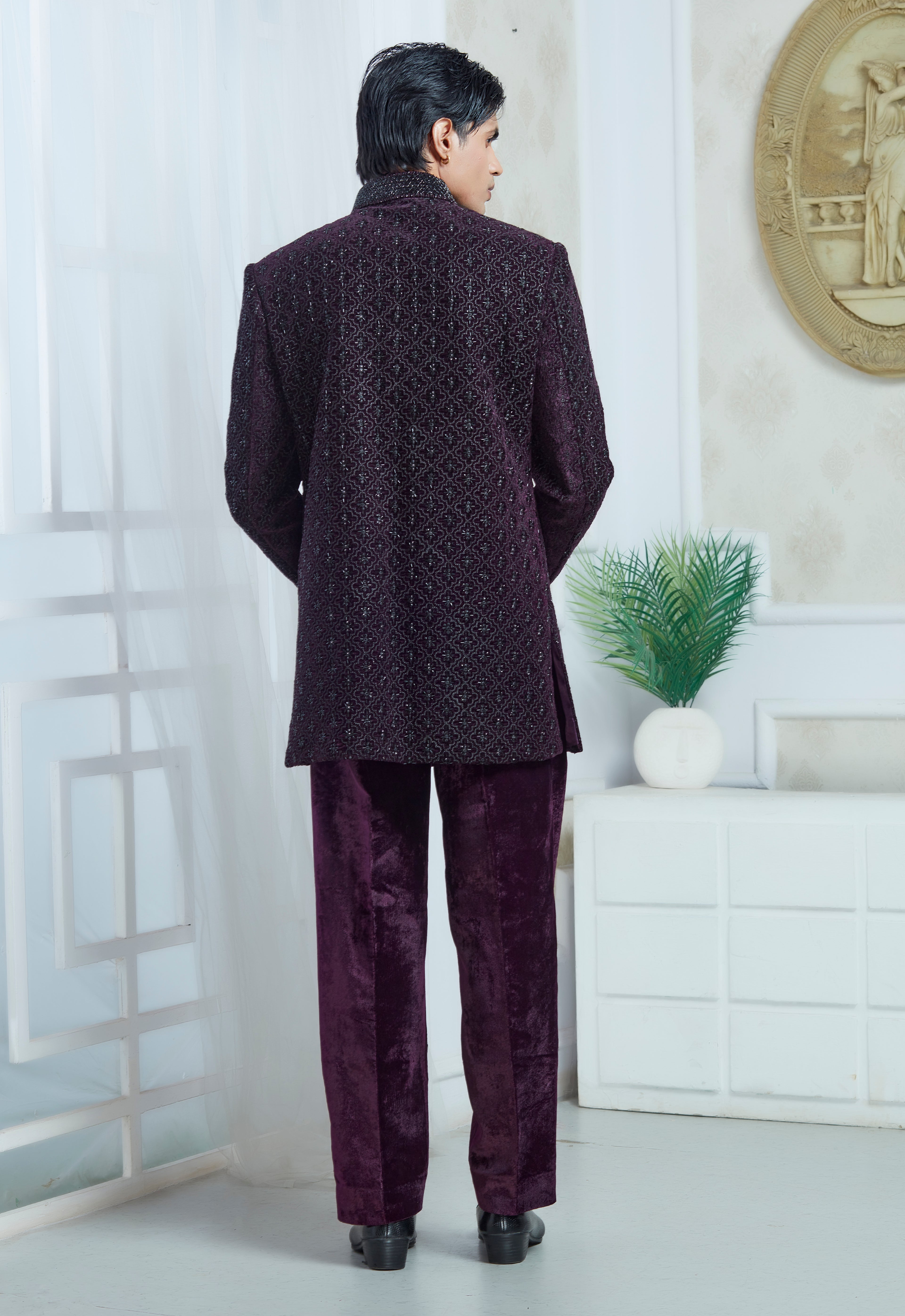 Purple Velvet Embroidered Indowestern Set