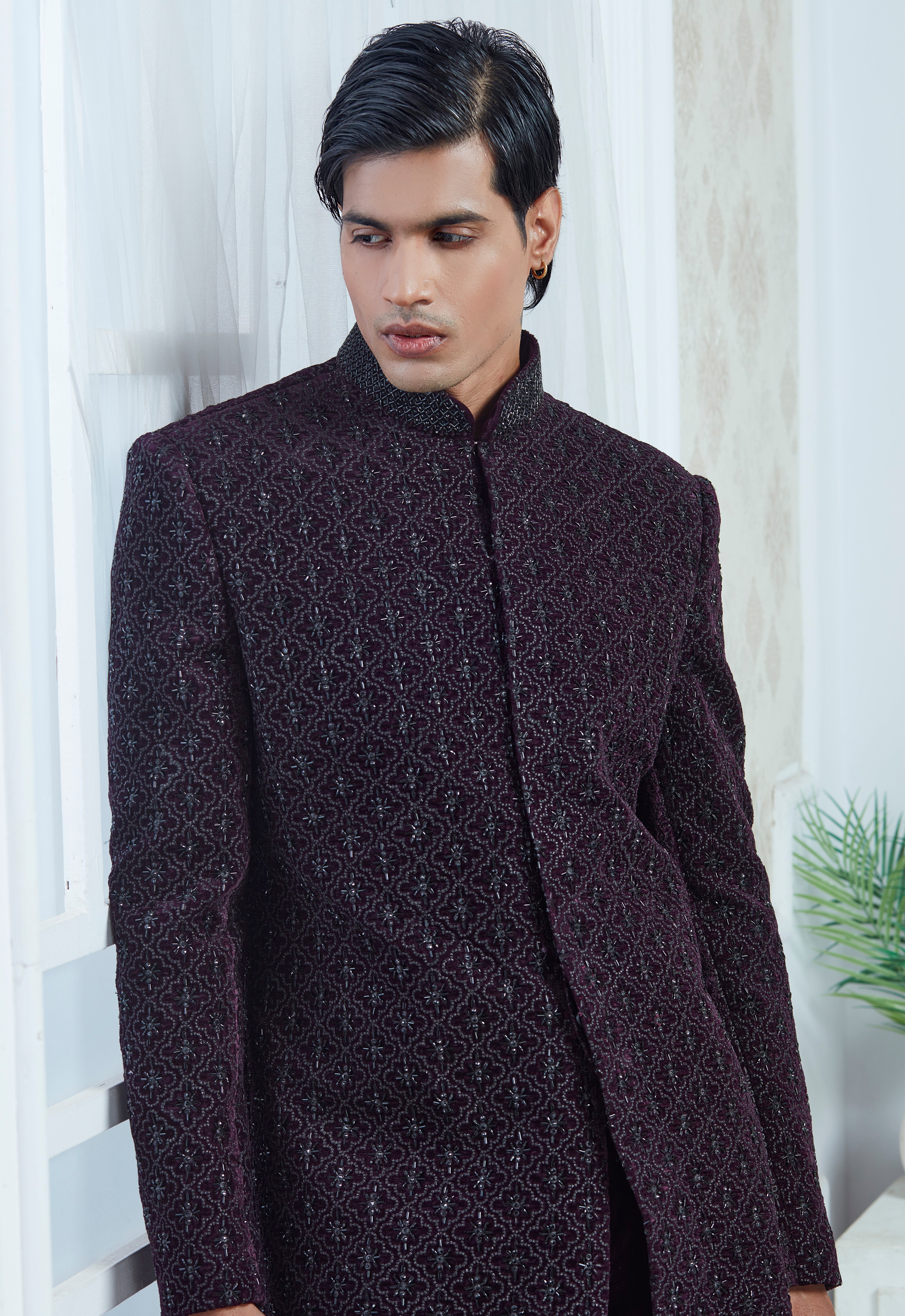 Purple Velvet Embroidered Indowestern Set