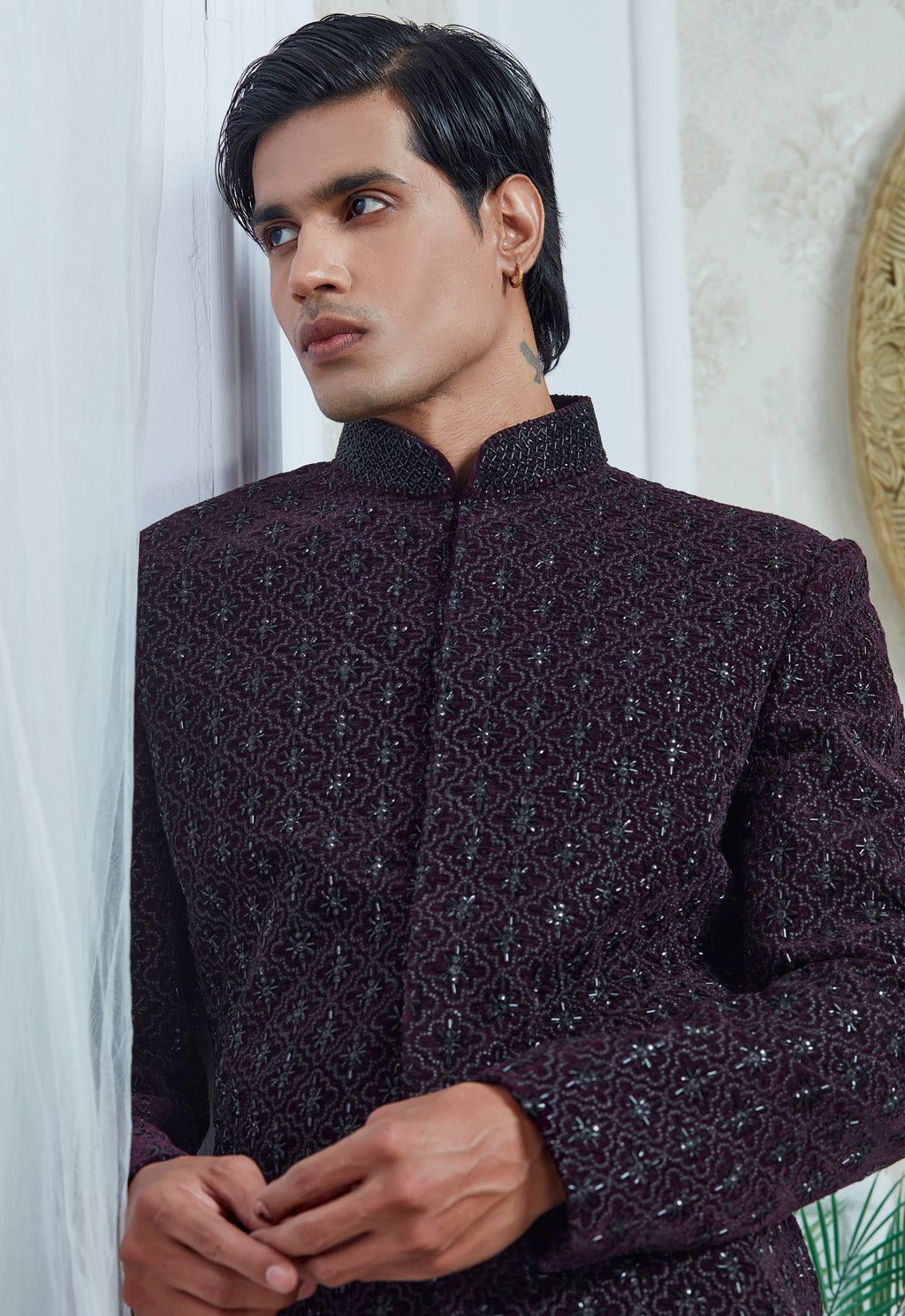 Purple Velvet Embroidered Indowestern Set