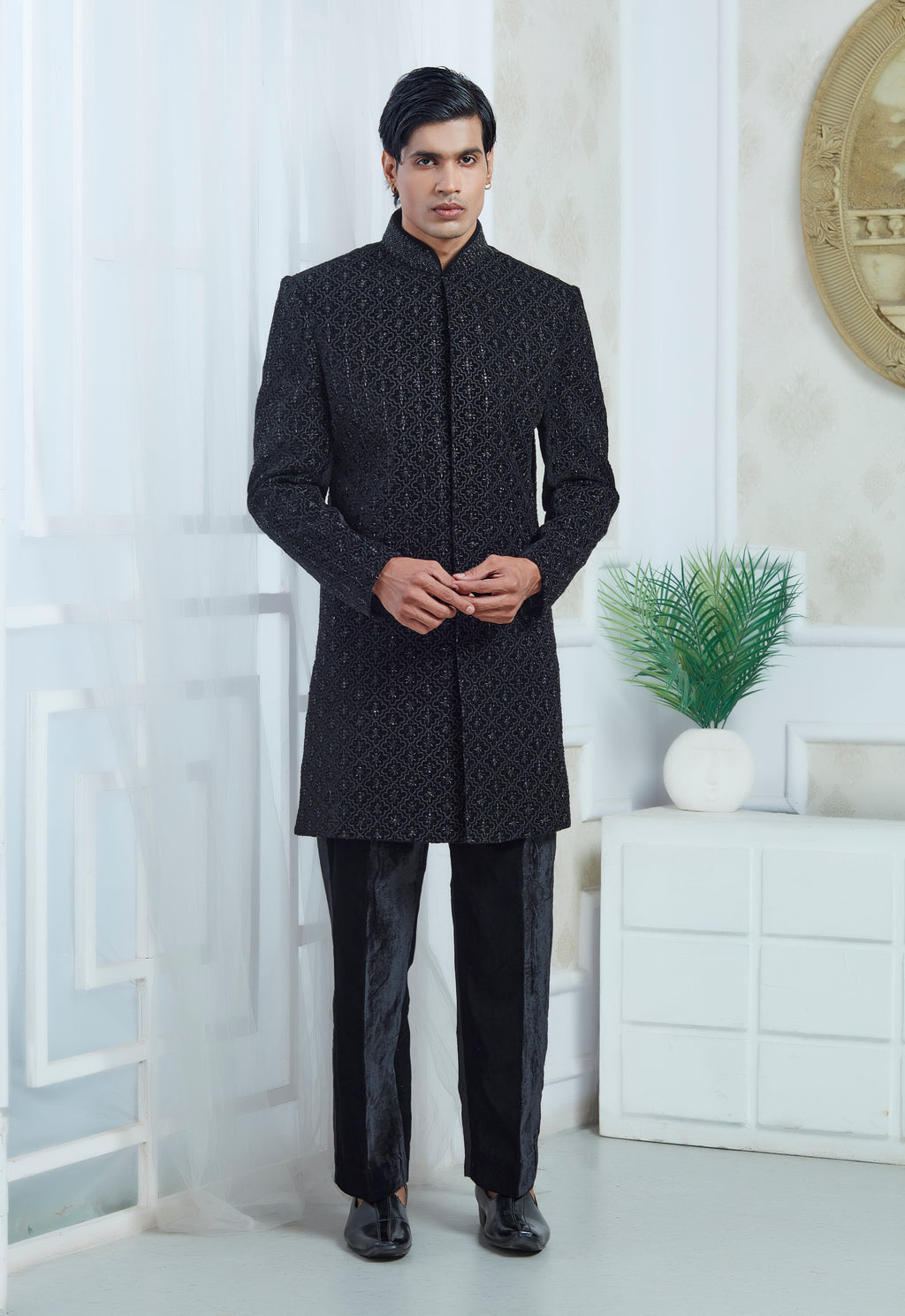 Black Velvet Embroidered Indowestern Set