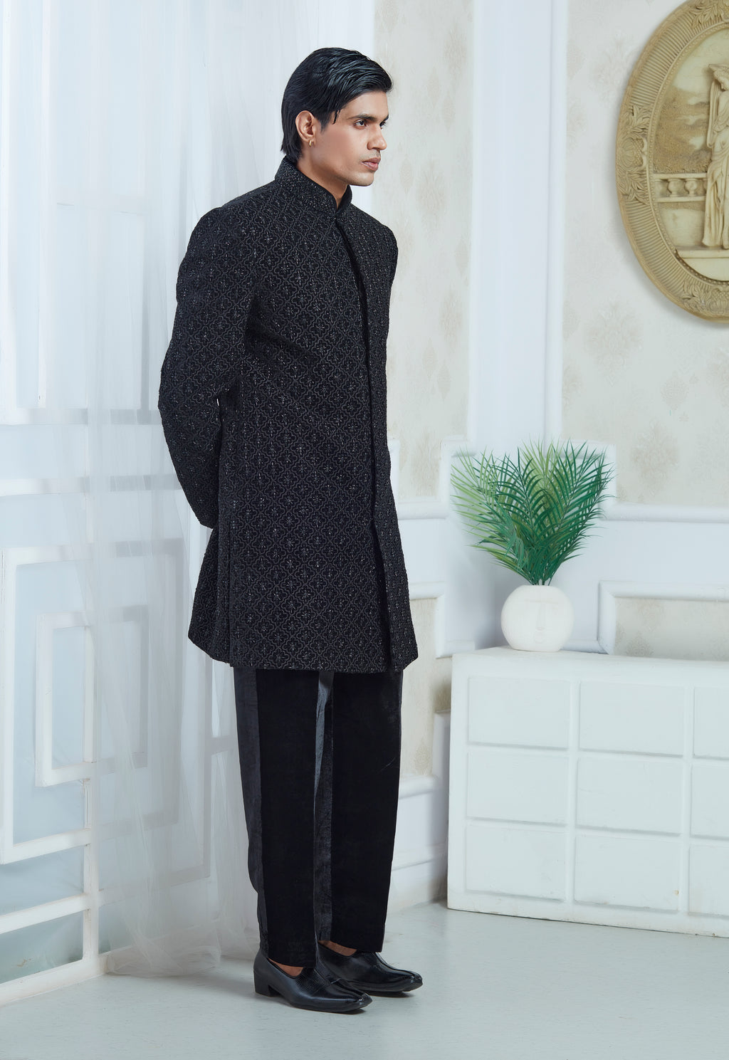 Black Velvet Embroidered Indowestern Set