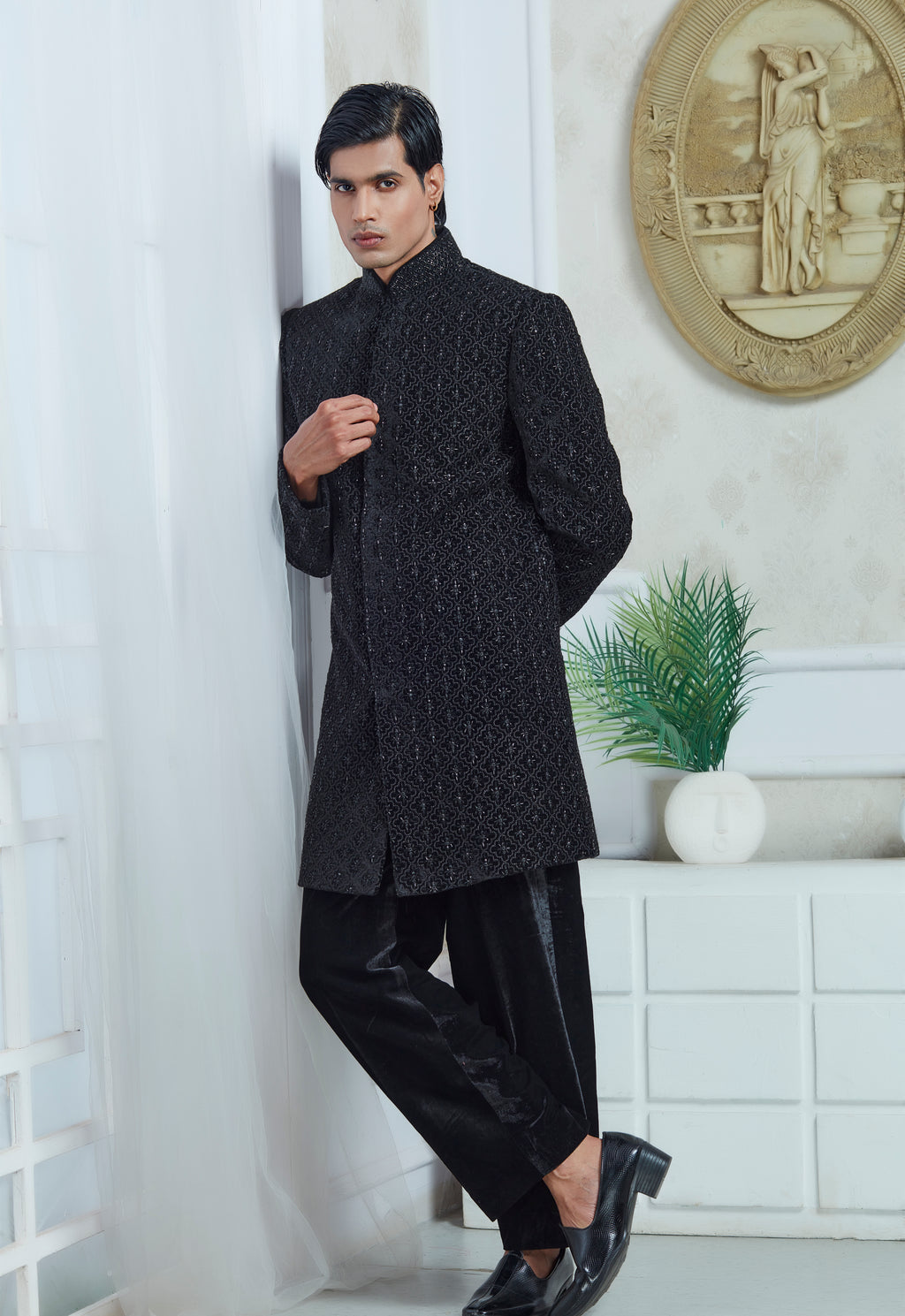 Black Velvet Embroidered Indowestern Set