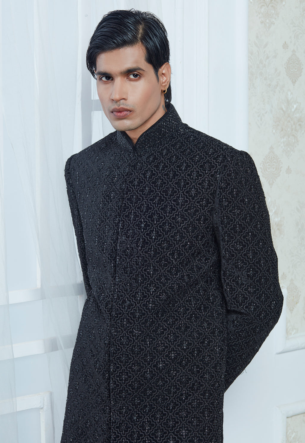 Black Velvet Embroidered Indowestern Set