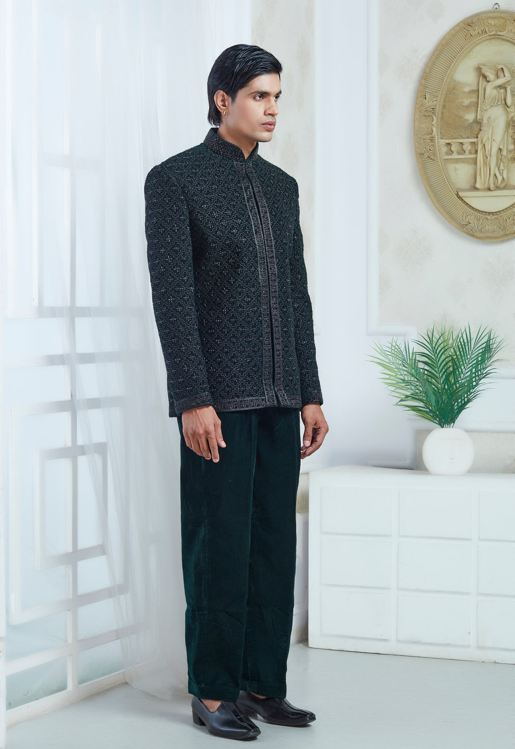 Embroidered Green Velvet Indowestern Set
