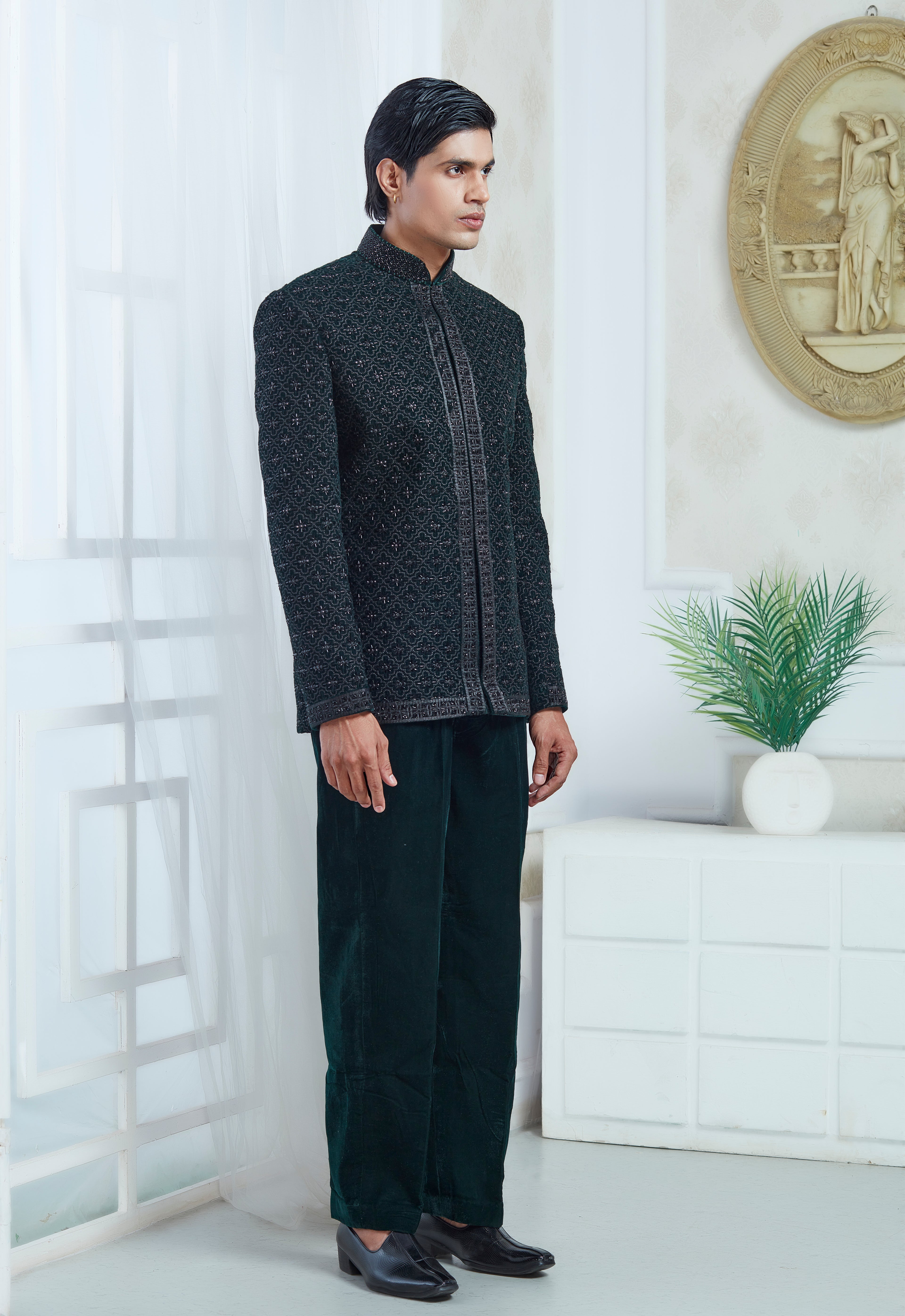 Embroidered Green Velvet Indowestern Set