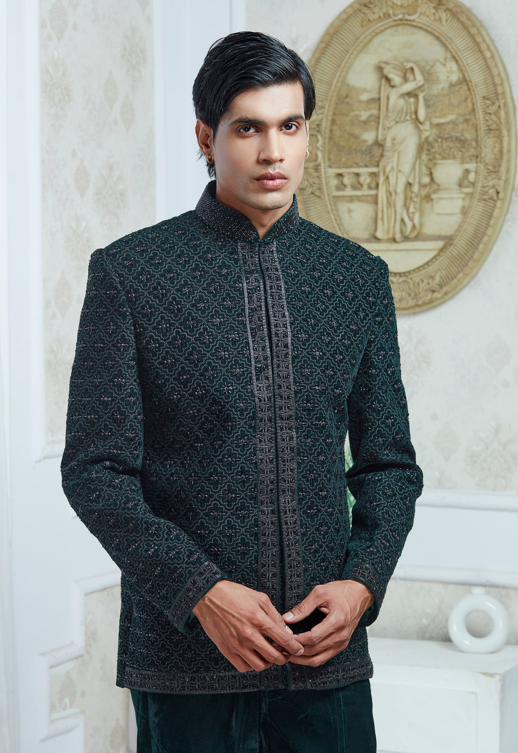 Embroidered Green Velvet Indowestern Set