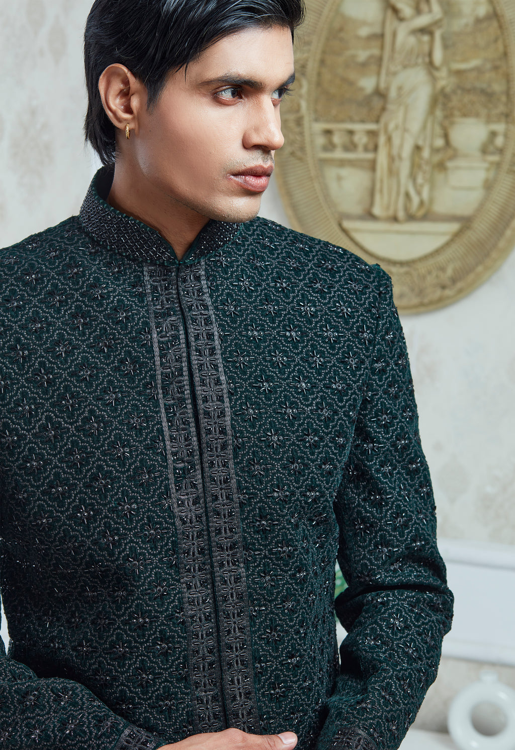 Embroidered Green Velvet Indowestern Set