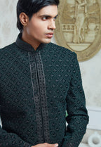 Embroidered Green Velvet Indowestern Set