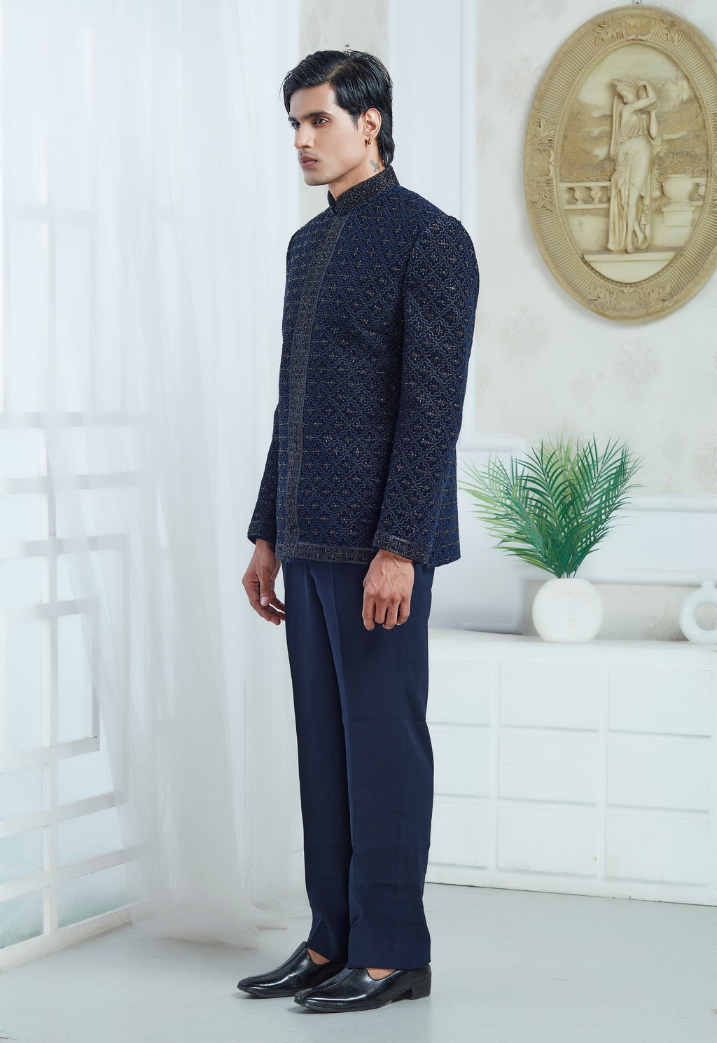 Blue Velvet Embroidered Indowestern Set