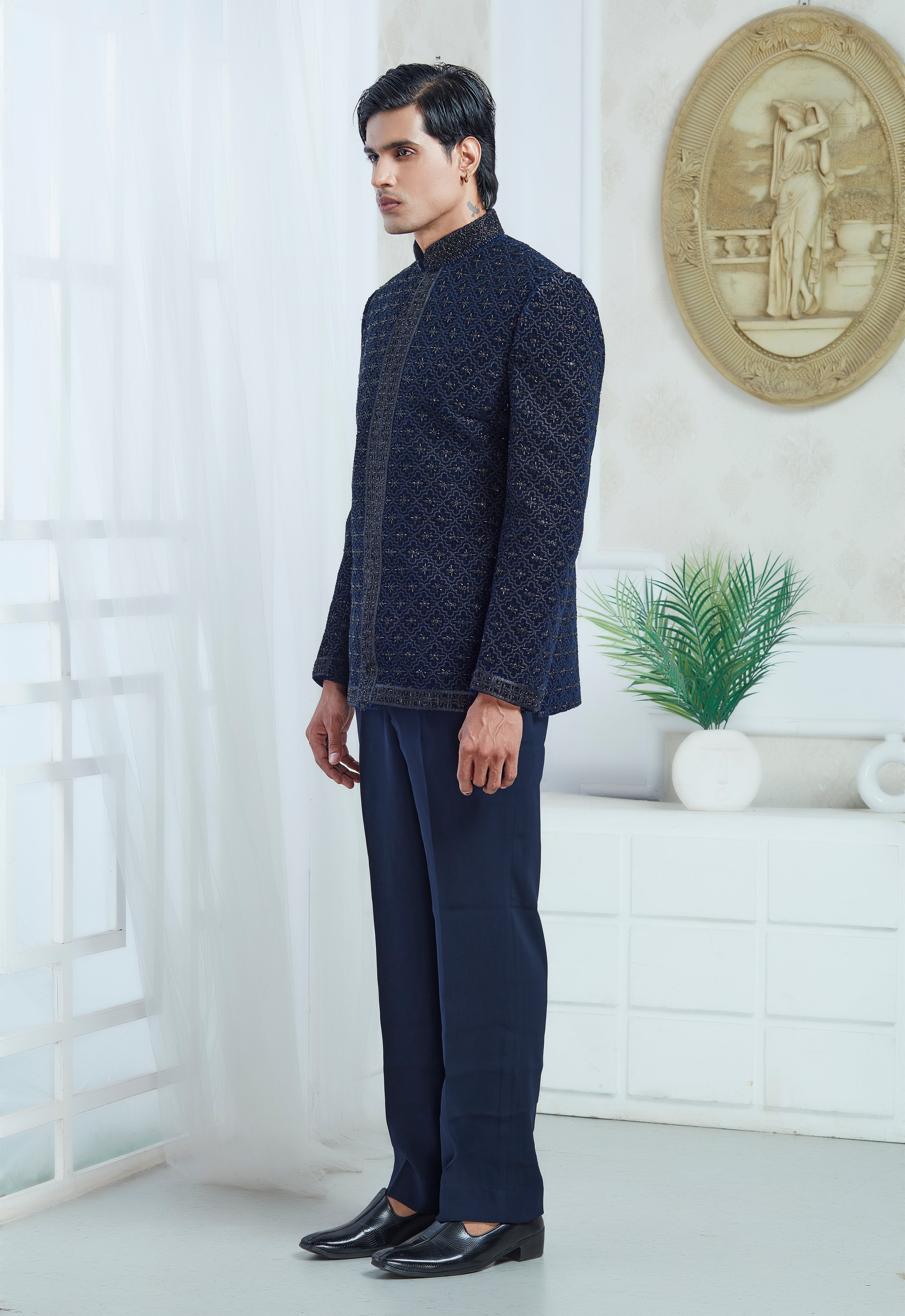 Blue Velvet Embroidered Indowestern Set