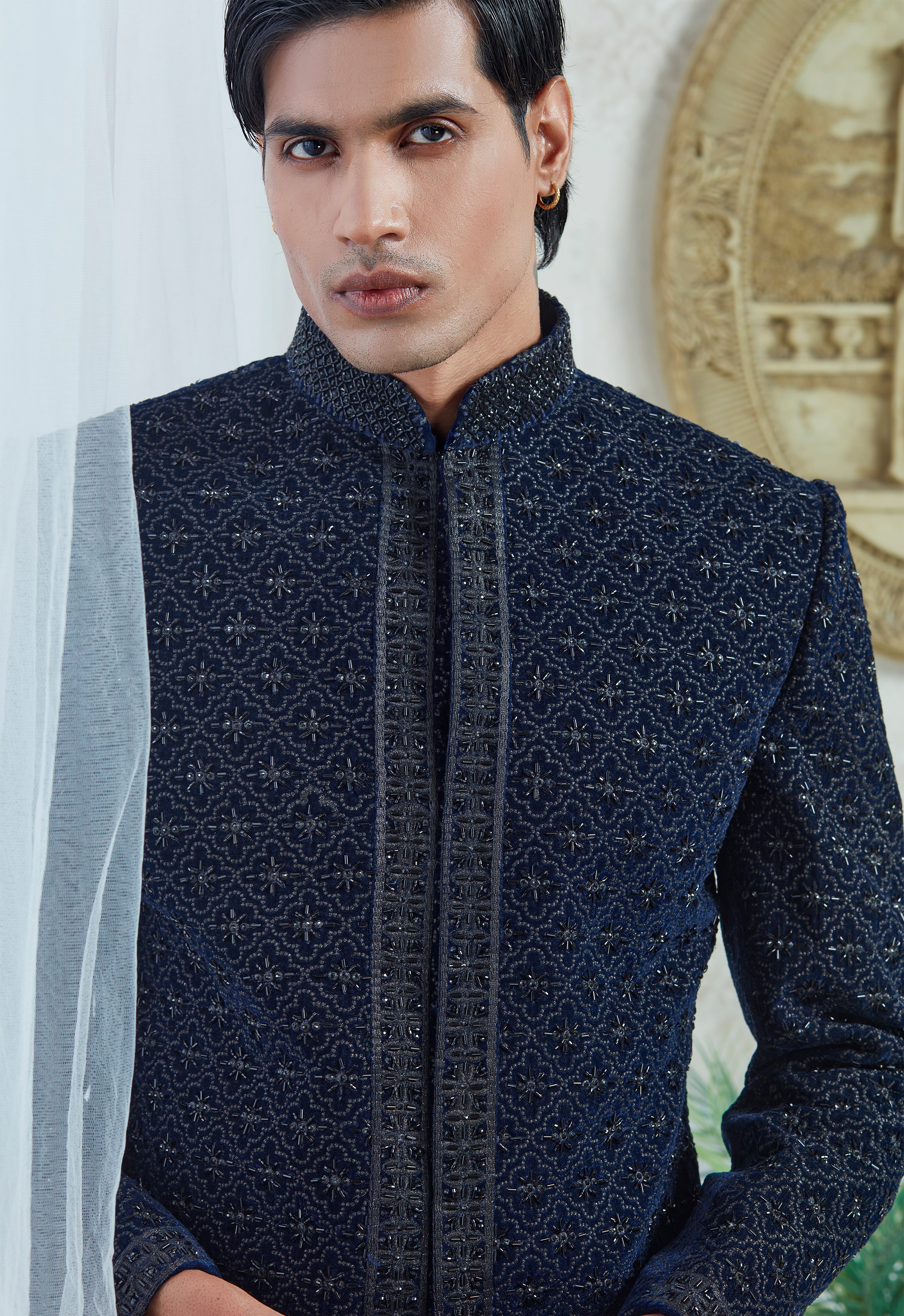 Blue Velvet Embroidered Indowestern Set
