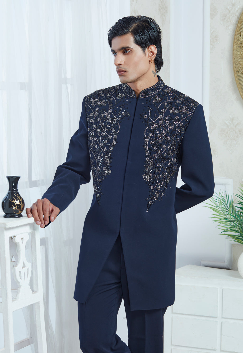 Embroidered Blue Indowestern Set