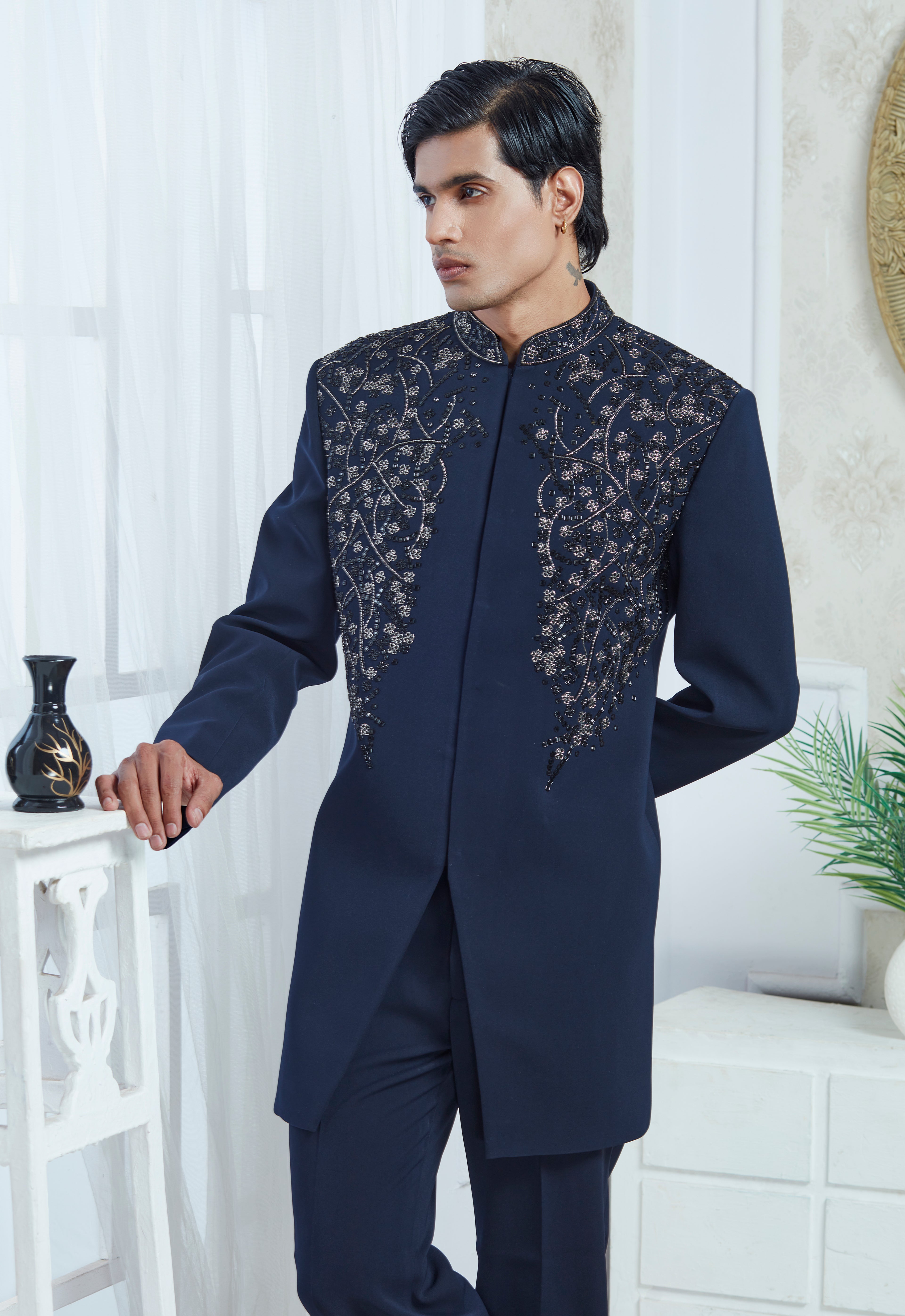 Embroidered Blue Indowestern Set